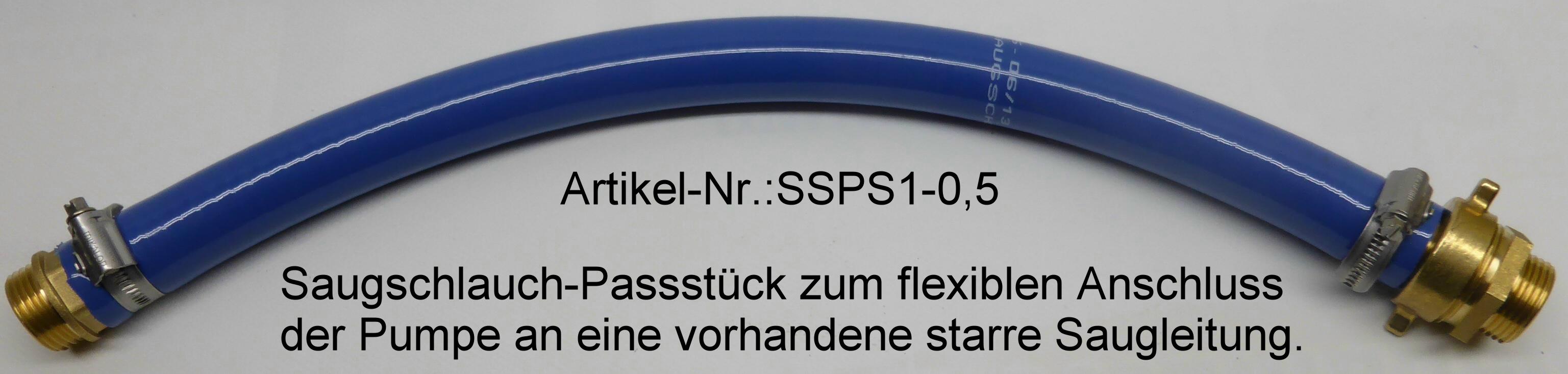 SSPS1-mit-Text-fur-Pumpenzubehor Passstück mit 0,5 Meter Saugschlauch 1 Zoll für Saugpumpen mit Messingfitting zum flexiblen Anschluss der Pumpe an das Leitungsnetz im Haus (Zubehör)