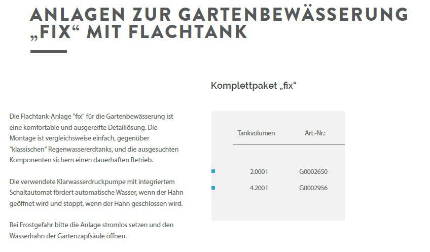 Gartenanlage -fix- mit 2.000 Liter Flachtank inkl. Pumpe und Dom