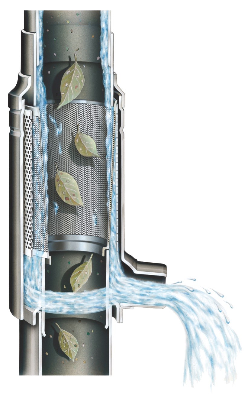 Gartenfallrohrfilter aus Edelstahl mit Filtergewebe 0,44 mm für Fallrohrdurchmesser ab 75 mm - 110 mm.