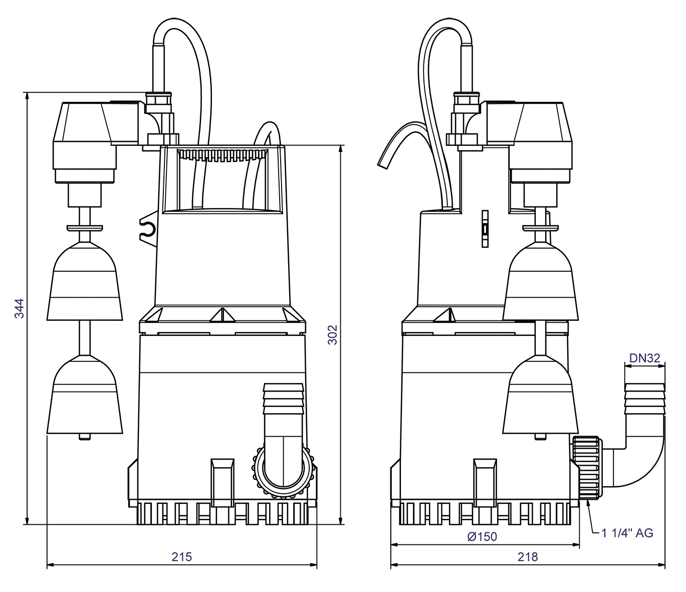 Schmutzwasserpumpe ZPK, Ausführung KS für Schacht Durchmesser ab 250 mm Maße