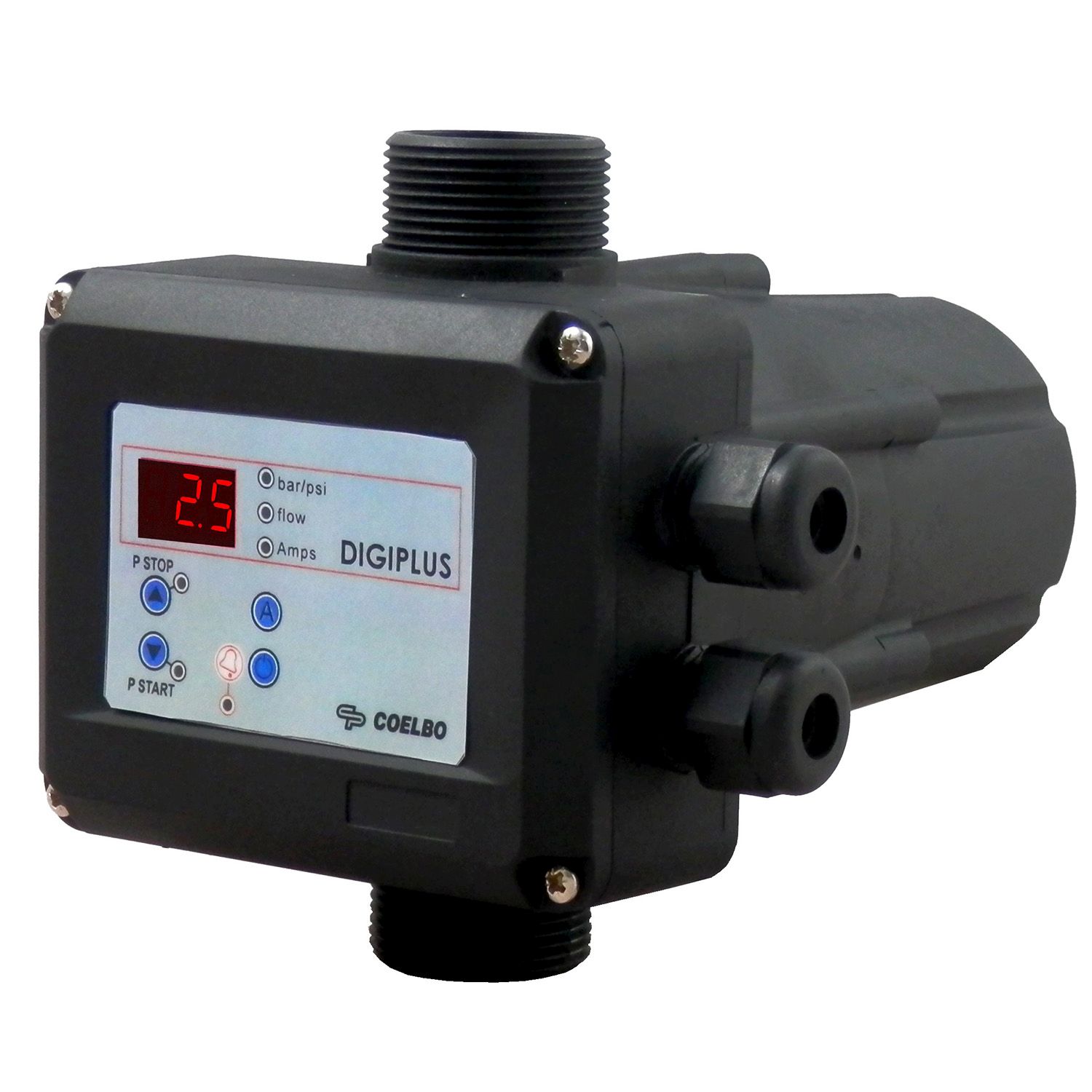 Druckregelautomat Digiplus mit Anschlussgewinde 5/4", digitalem Manometer zum automatischen Ein- und Ausschalten von Pumpen, komplett verkabelt. 