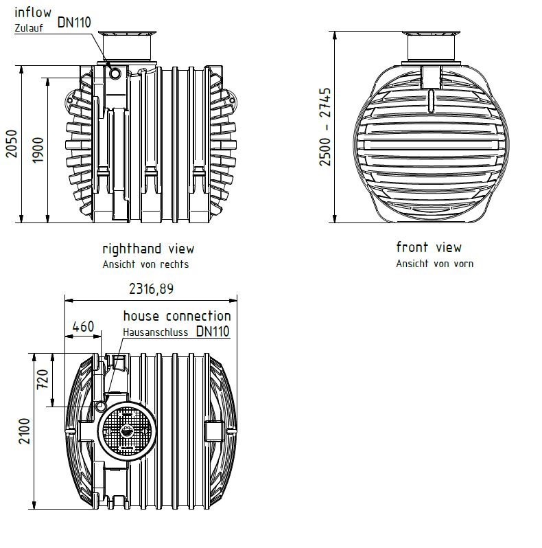 Einbaumasse für Regenwassertank 6.500 Liter