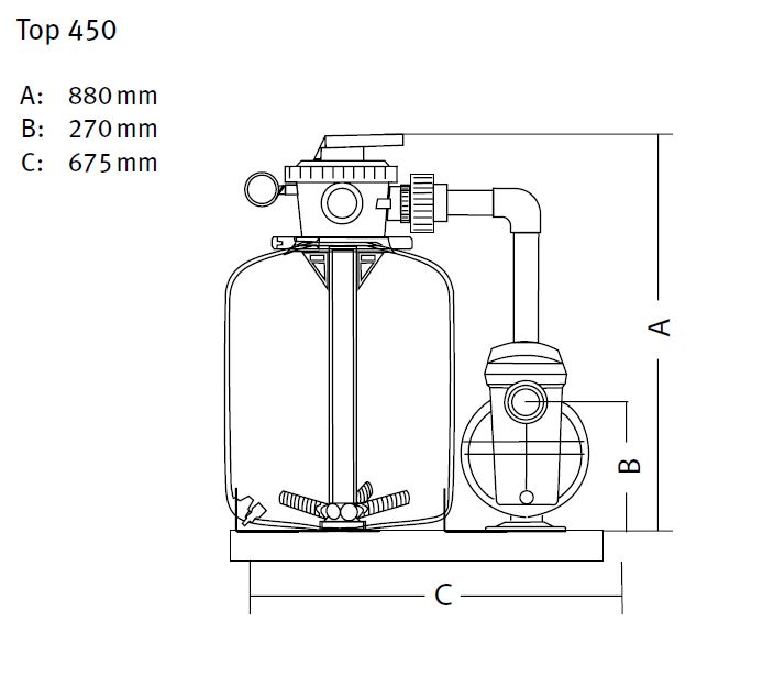 Maße für Sandfilteranlage Top 450 mit Filterpumpe Silen I 100-15 M für Schwimmbecken 30 m3 - 63 m3 mit Rohranschluss. 