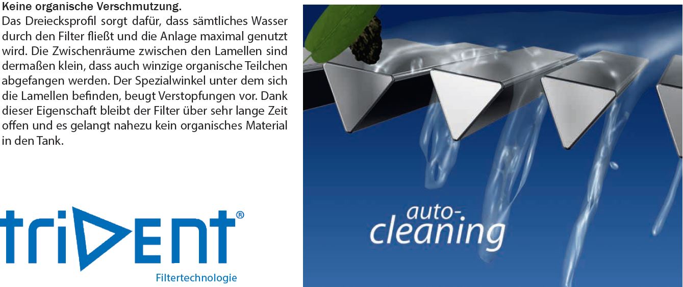 Spaltsieb für Zisternen Filter Trident zum Einbau in Regenspeicher für 450 m2 Dachfläche, 2 cm Höhenversatz