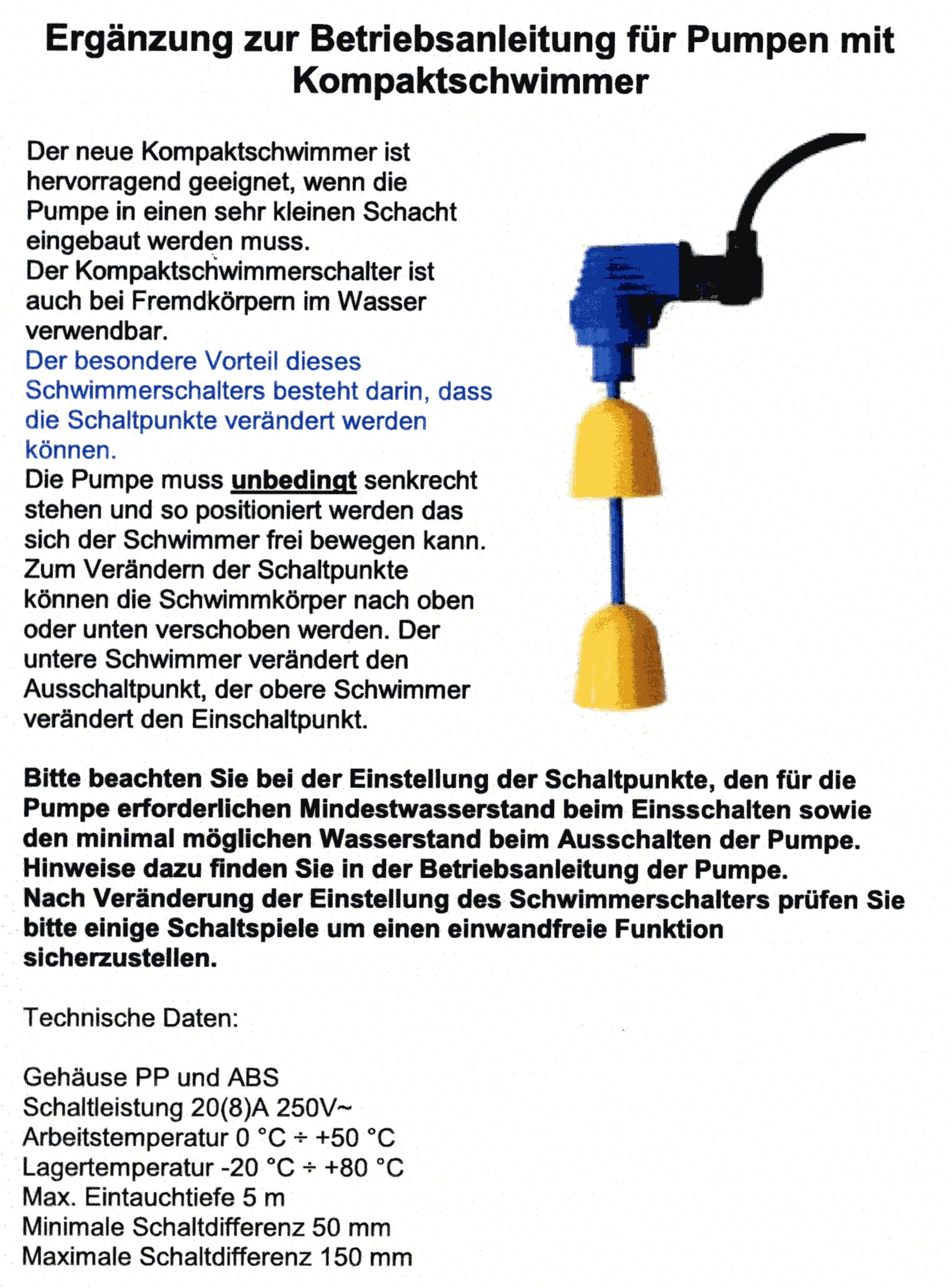 Schmutzwasserpumpe E-ZW, Ausführung KS für Schacht Durchmesser ab 250 mm