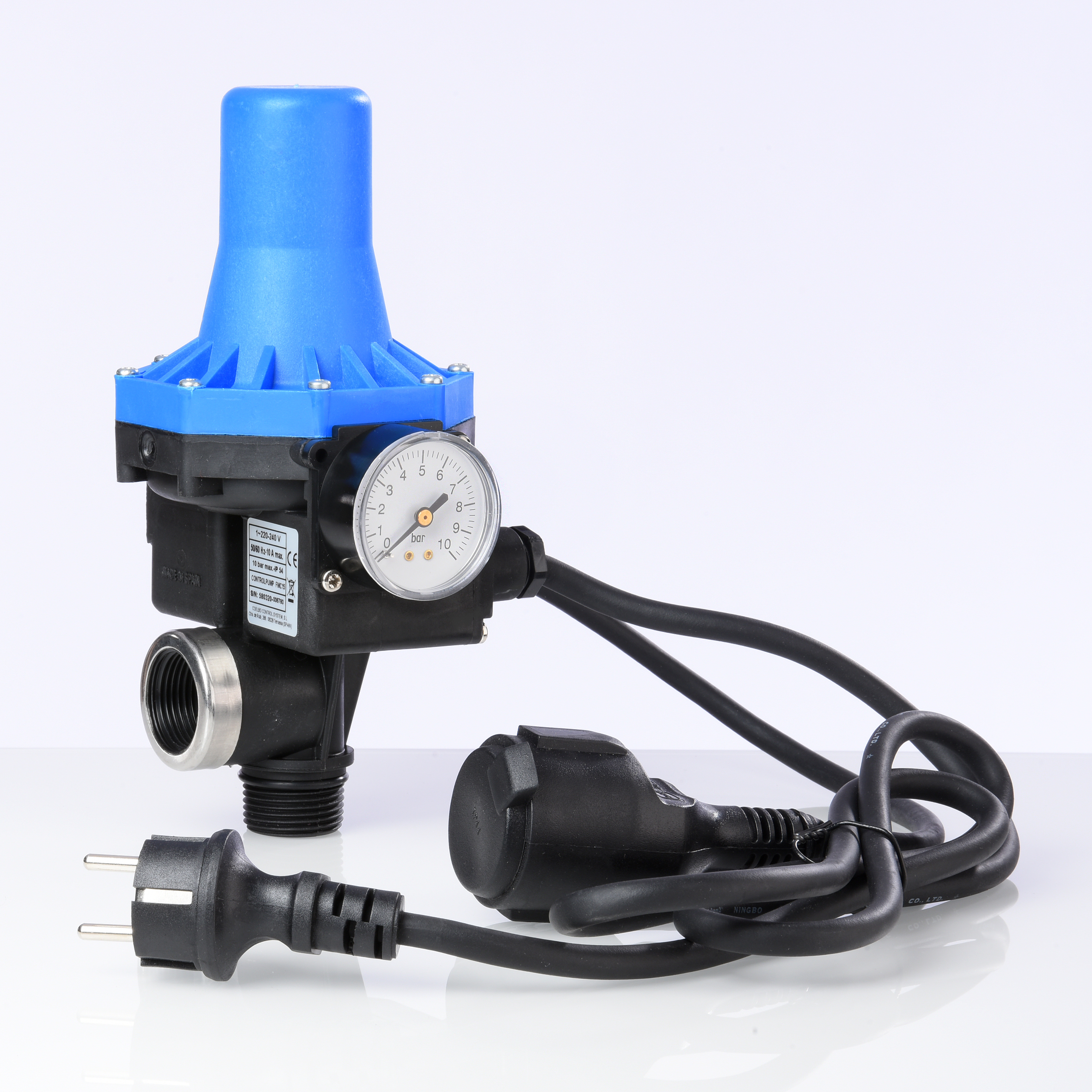 Druckregler KIT02-4 mit blauem Deckel/Hut und Manometer, Druckanschluss links