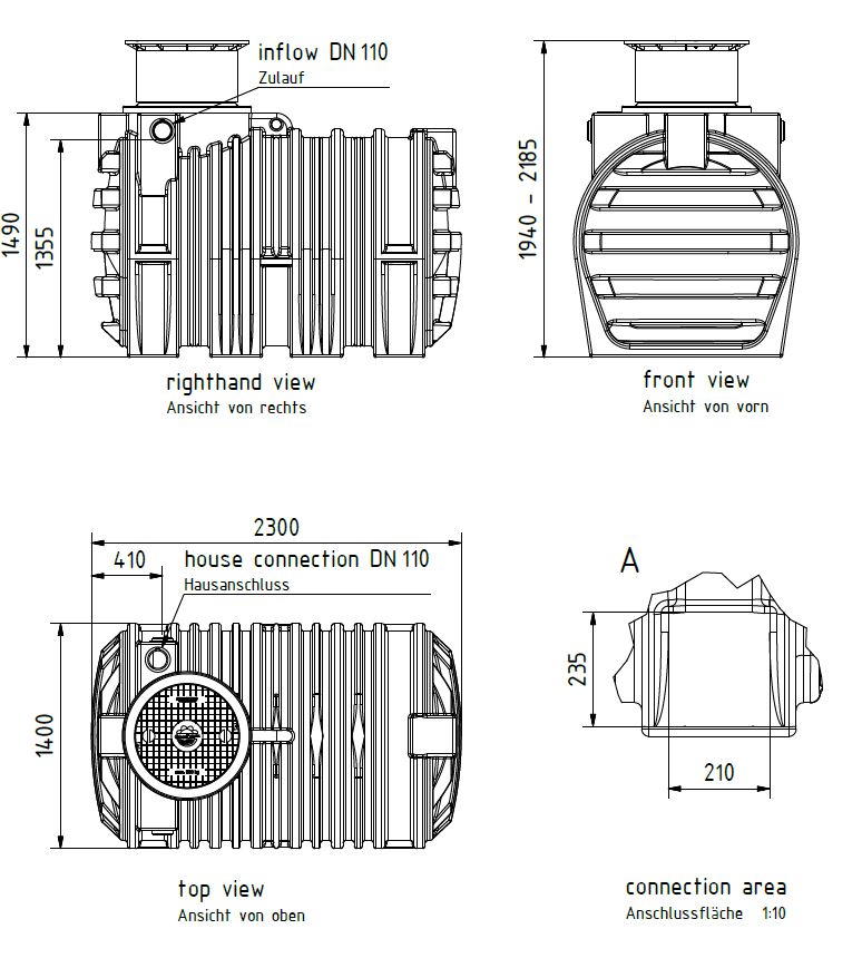 Masse Kunststoffspeicher, Regenwassertank 3.300 Liter mit Einbaufilter inkl. Zulaufberuhiger, Überlaufsiphon mit Kleintierschutz und Schiebedom