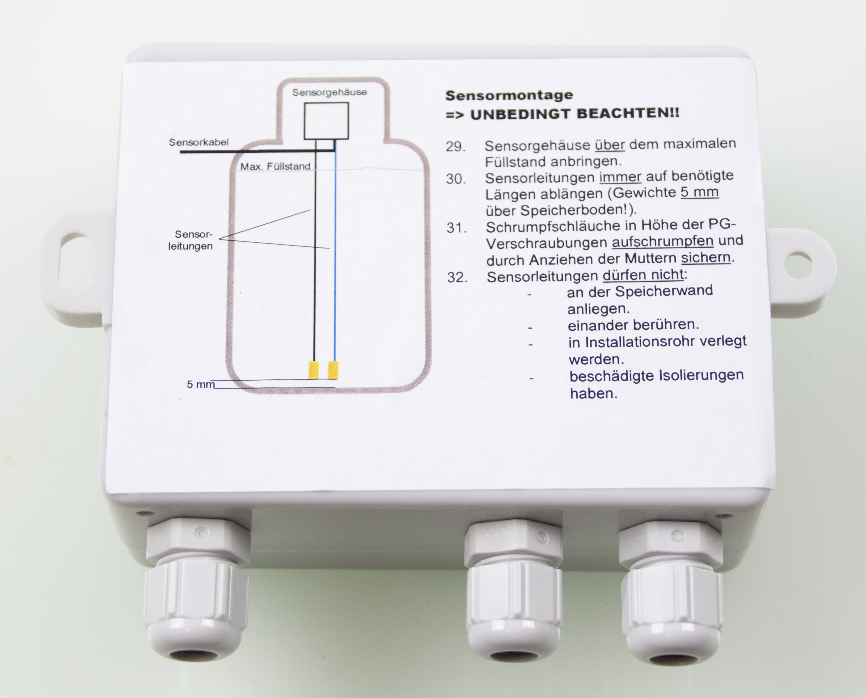 Sensorgehäuse für Steuerung S/0 mit Platine jedoch ohne Sensorkabel/Verbindungsleitung. Passend für Geräte mit Füllstandsanzeige Comfortausfühung, S-Steuerung S/0 z.B Raincenter Pro Comfort, Tacomat, PROFIRAIN TWN-S4.
