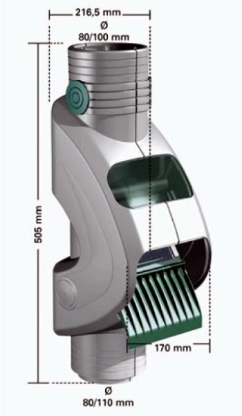 rainus_2 Masse, Einbaumaße Laubabscheider Rainus zum Einbau in Regenfallrohre
