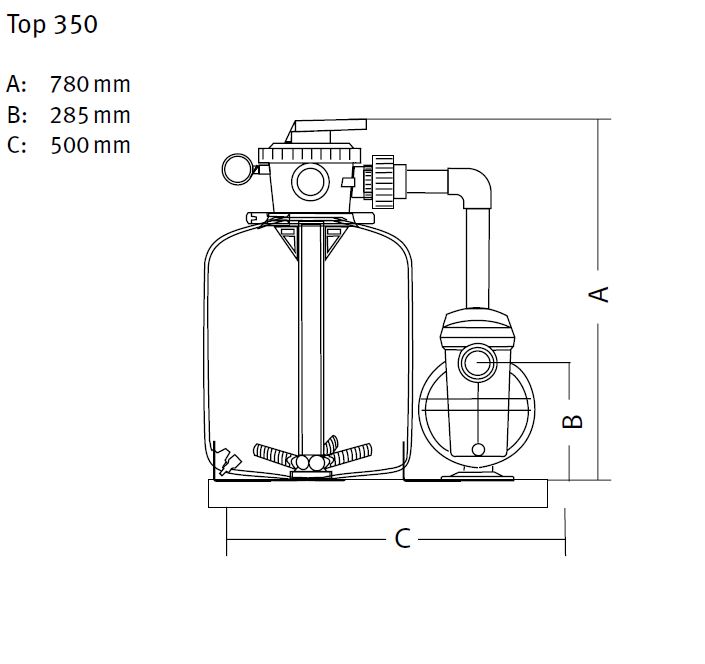 Masse für Sandfilteranlage Top 350 mit Filterpumpe Silen I 33-8 M für Schwimmbecken 7 m3 - 28 m3 mit Rohranschluss. 