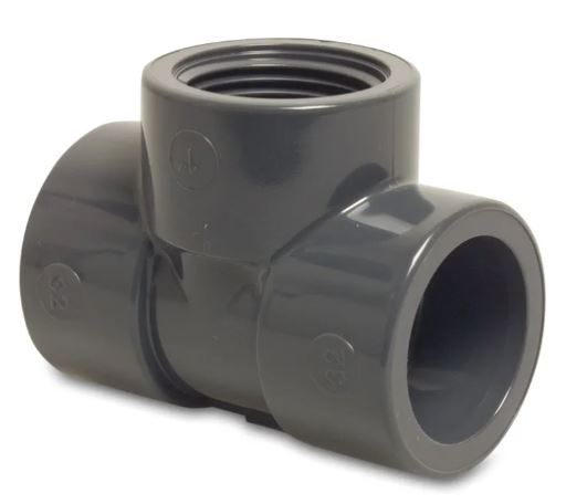 PVC - T-Stück beidseitig Klebemuffe Ø 50 mm mit 1/2" IG für Messhülse oder Temperaturfühler. Kleben-Ø 50mm - Innengewinde 1/2", Werkstoff: PVC-U (Spritzguss) bis 16 bar Betriebsdruck 