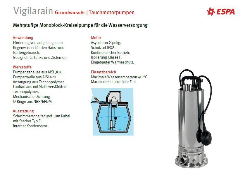Technische Beschreibung Unterwasser Kreiselpumpen VIGILARAIN, Ladepumpe für Hybridsysteme, Fördermenge 16m3/h, Höhe 13,8m