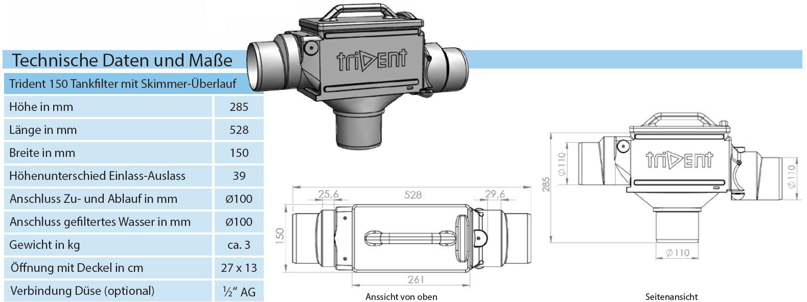 Einbaumaße Zisternen Filter Trident zum Einbau in Regenspeicher für 150 m2 Dachfläche, 3,9 cm Höhenversatz