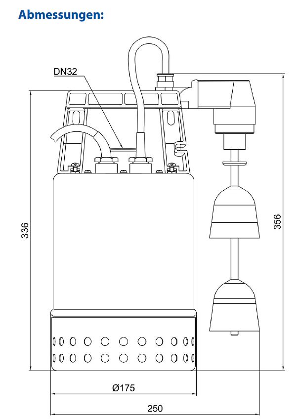 Abmessung, Schmutzwasserpumpe E-ZW KS für Schacht oder Rohr mit Innendurchmesser ab 300 mmm