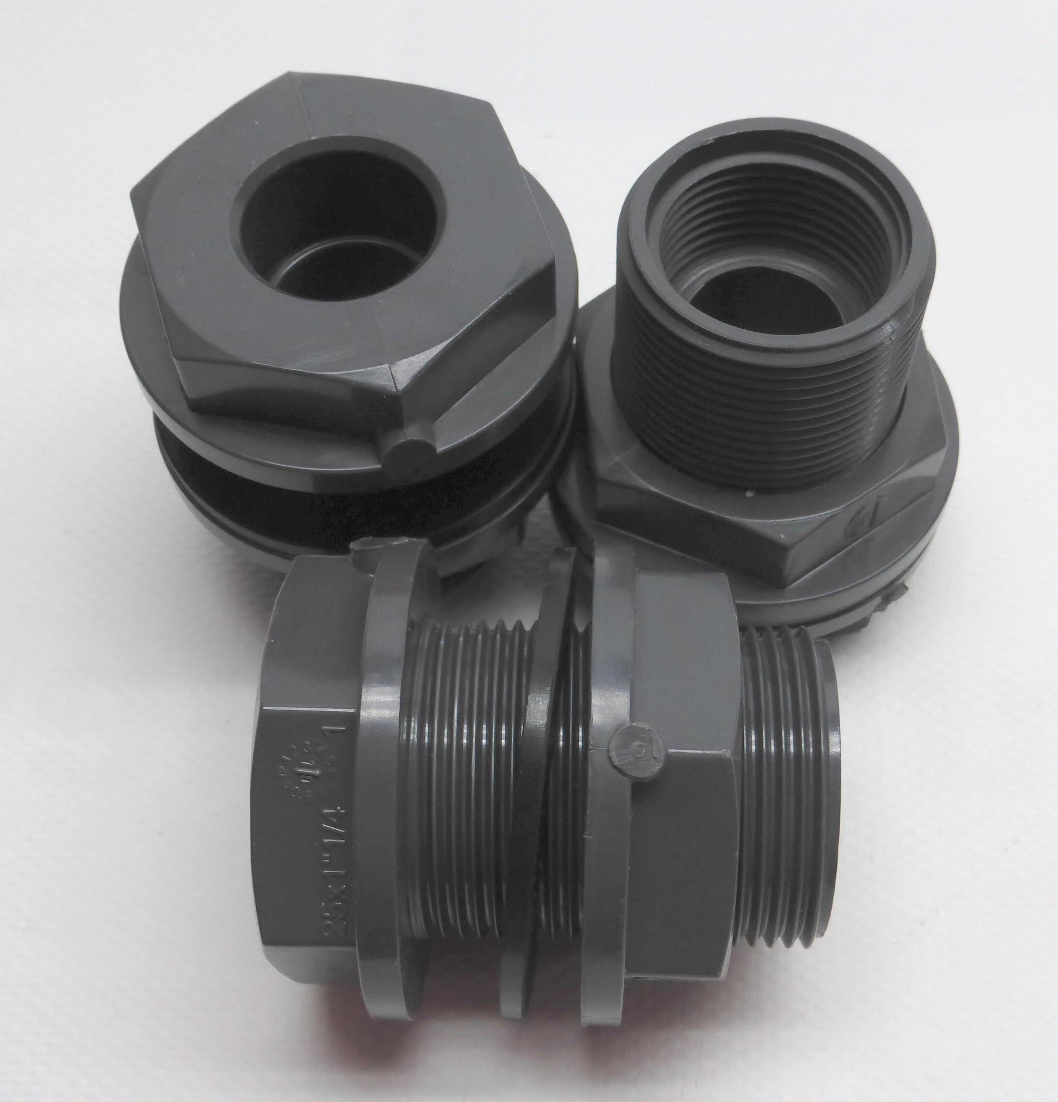 PVC-Tankdurchfuhrung-AG-IG-und-Klebemuffe-Ansichten PVC-Tankdurchführung 1" Zoll AG, 3/4" Zoll IG und Klebemuffe 20 mm