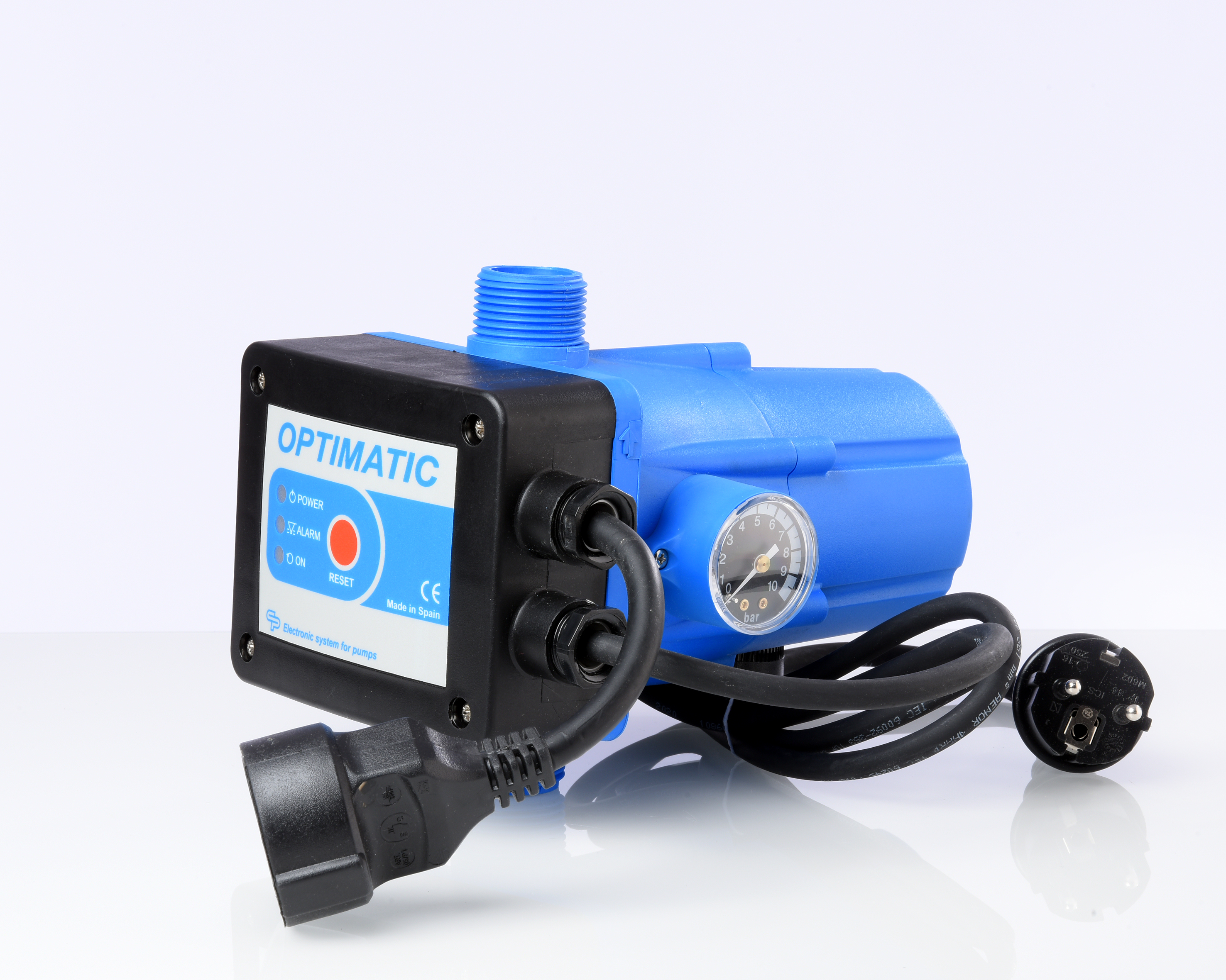 Druckregelautomat KIT Optimatic RMC mit Manometer zum automatischen Ein- und Ausschalten von Pumpen, mit Manometer, Rückschlagventil, Trockenlaufschutz, komplett verkabelt mit Stecker und Kabel für die Pumpe.