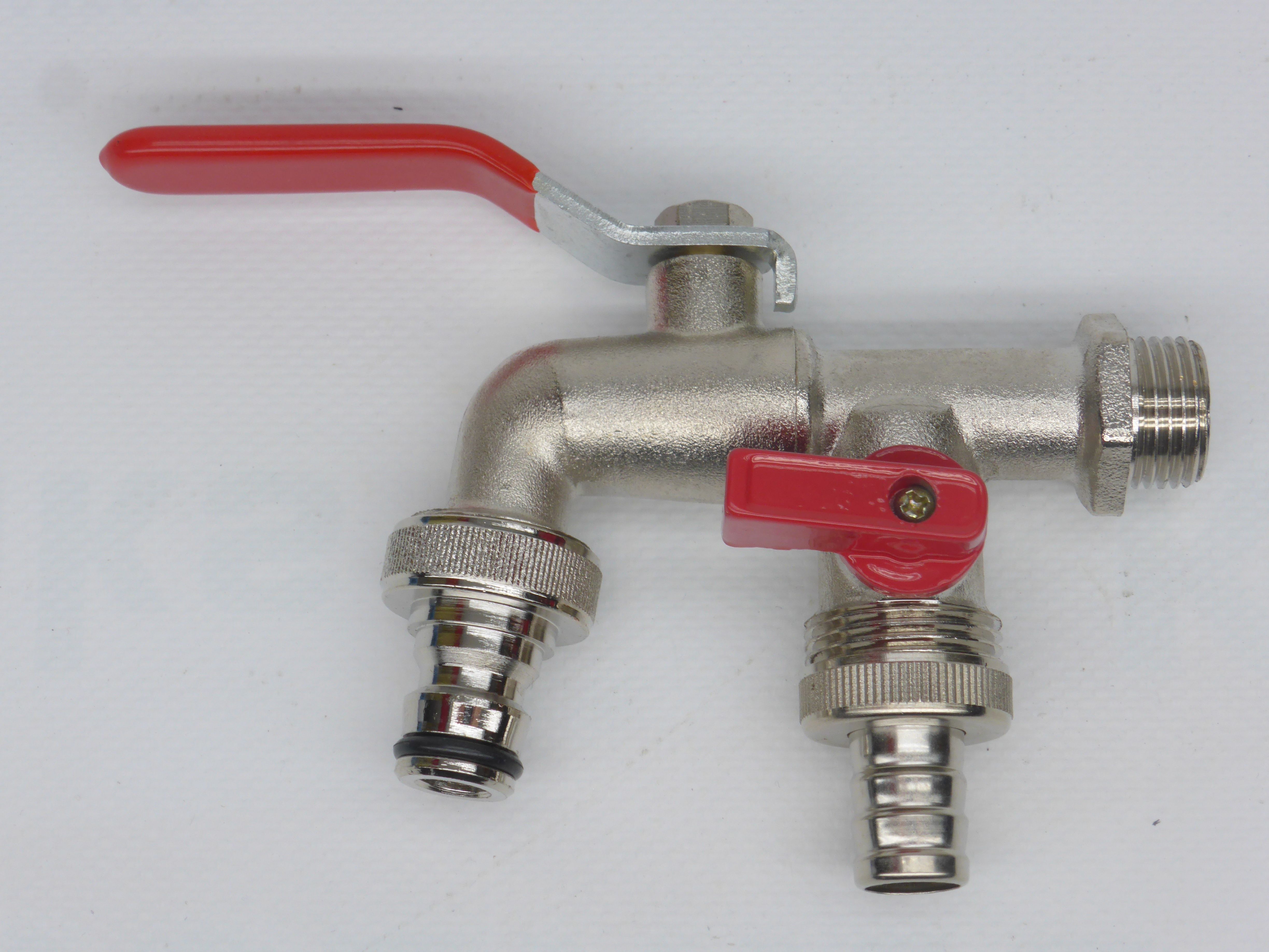 Doppelter-Auslaufwasserhahn-Chrom-mit-zwei-Anschlussen Doppel-Kugelauslaufhahn DN15 (1/2")