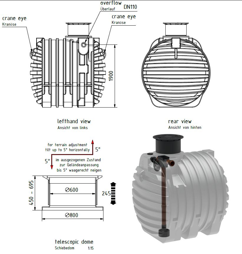 Anchluss-Masse für Regenwassertank 6.500 Liter
