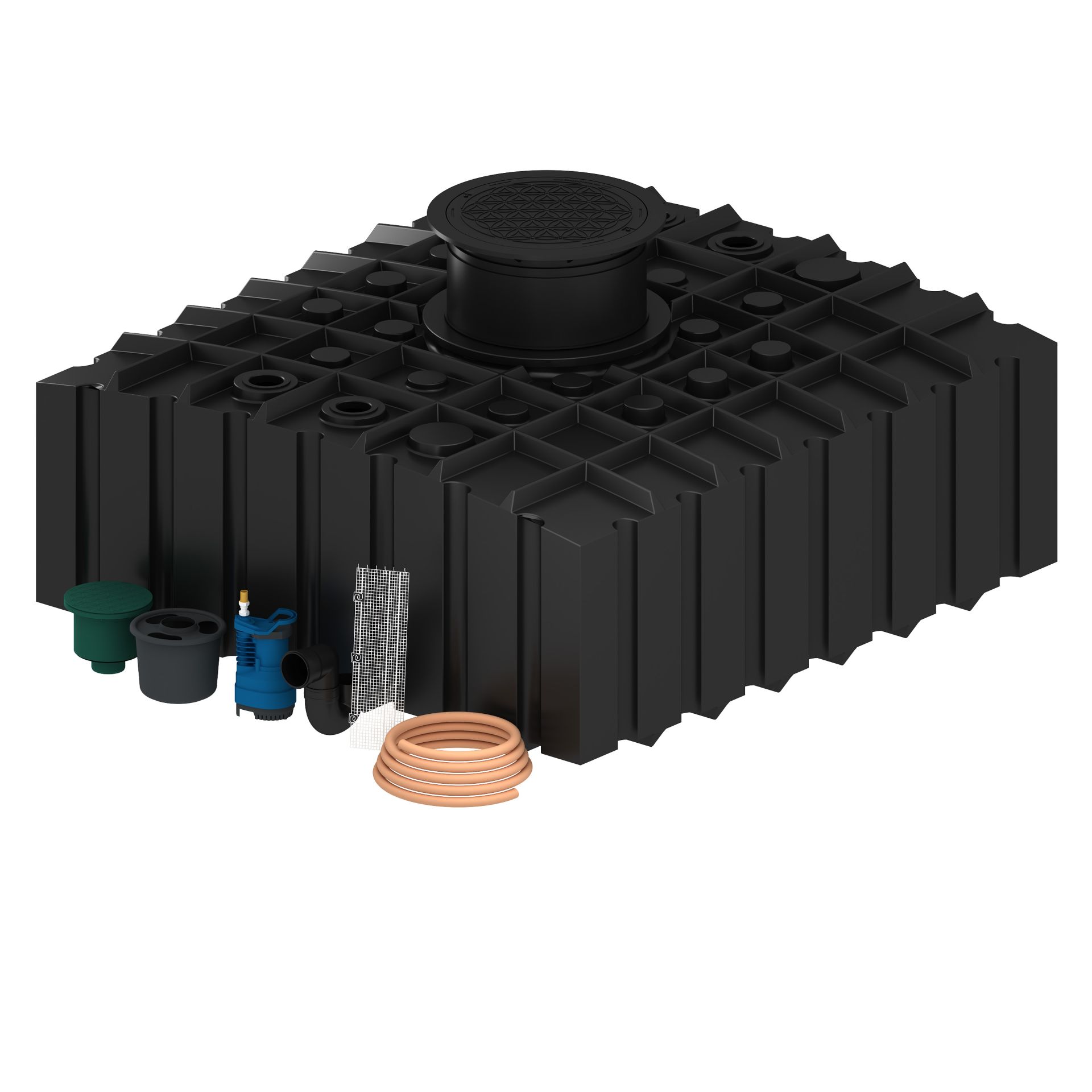 Gartenanlage "AKTION2025" mit 4.200 Liter Flachtank, Dom, Filter, Gartenpumpe und Anschlussbox Gartenanlage "AKTION2025" mit 4.200 Liter Flachtank, Dom, Filter, Gartenpumpe und Anschlussbox