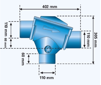Maße Patronenfilter zum Regenspeichereinbau für 150 m2 Dachfläche, 6,6 cm Höhenversatz