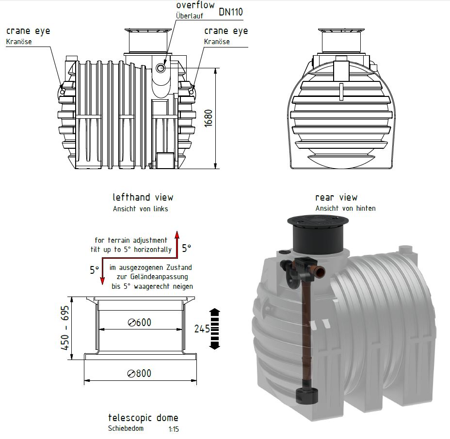 Einbaumasse für Regenwassertank 4.700 Liter