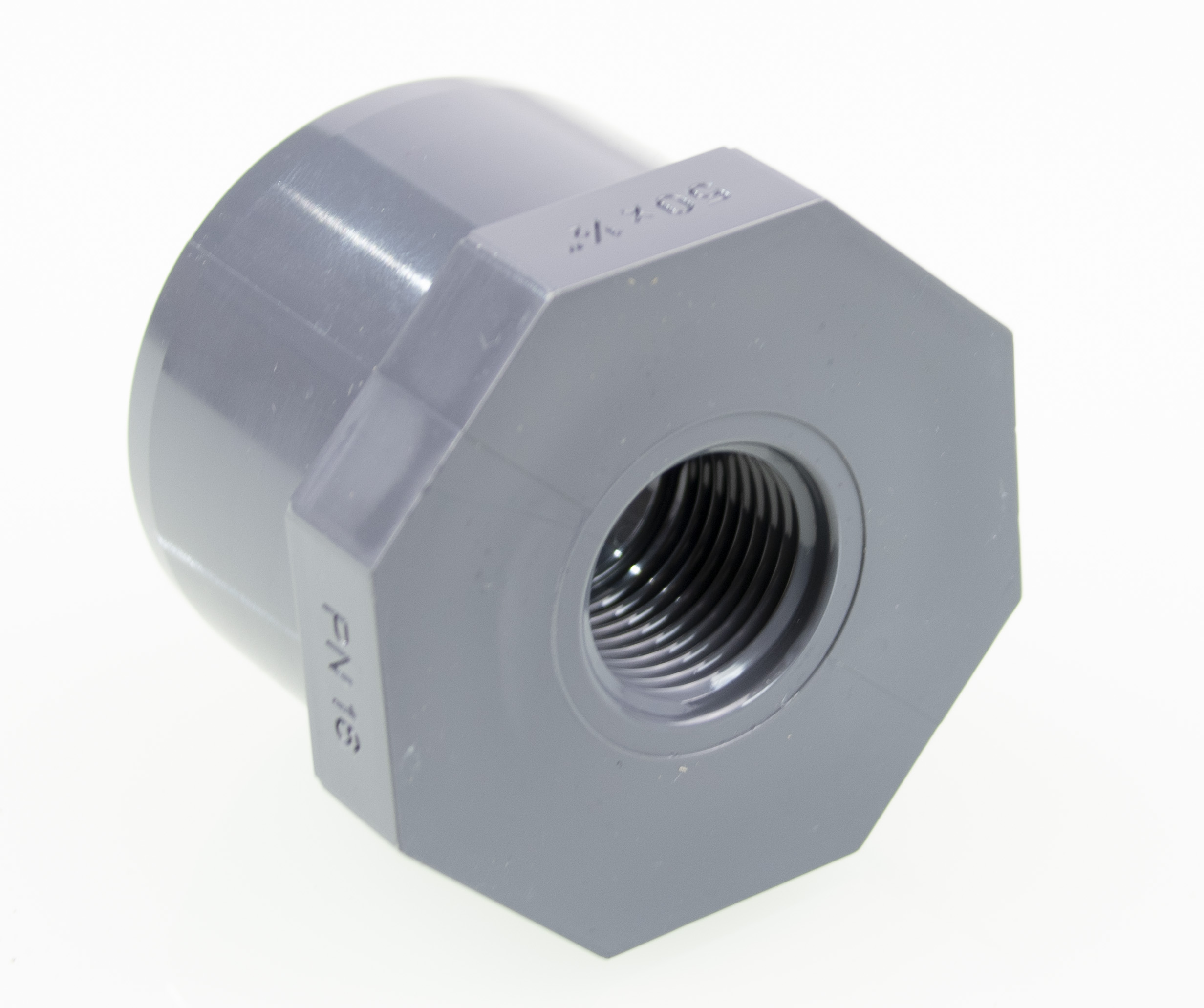 PVCRed50-3_4IG PVC - Reduktionsstück Aussendurchmesser Ø 50 mm mit 1/2" IG für Messhülse oder Temperaturfühler. Kleben-Ø 50mm - Innengewinde 1/2", Werkstoff: PVC-U (Spritzguss) bis 16 bar Betriebsdruck