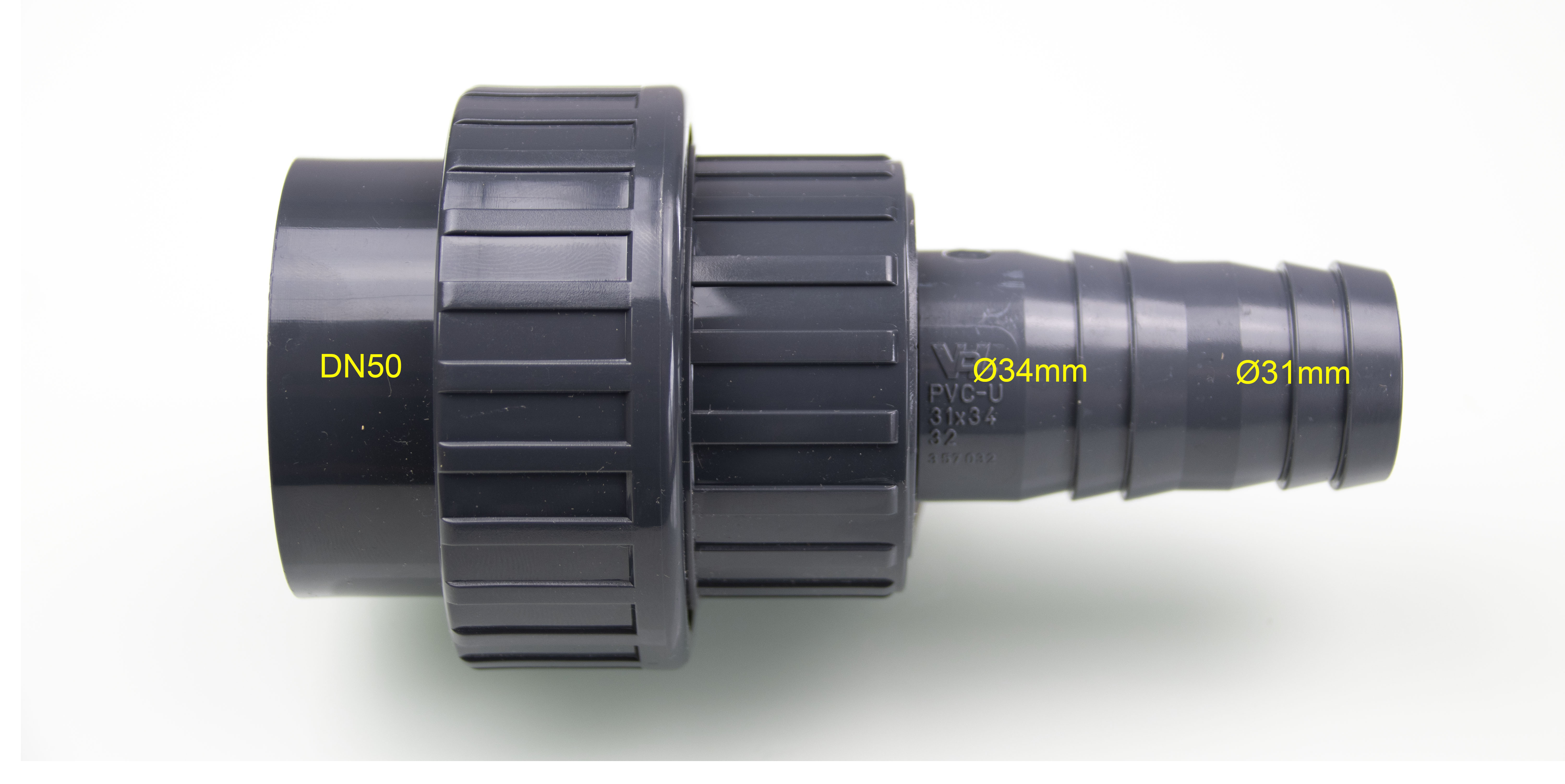 PVC - Verschraubung, Muffe Ø 50 mm mit Schlauchtülle Ø31mm - Ø34mm