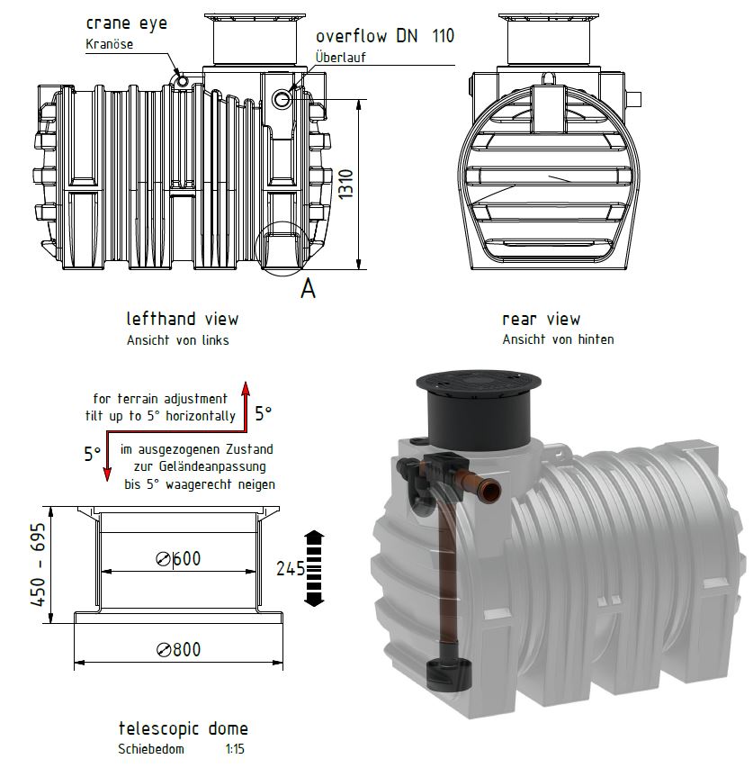 Einbaumasse für Regenwassertank 3.300 Liter