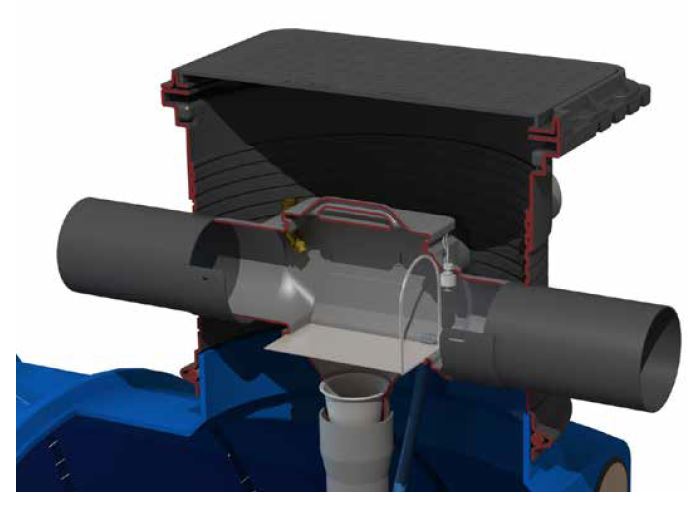 Einbaubeispiel, Zisternen Filter Trident zum Einbau in Regenspeicher für 450 m2 Dachfläche, 2 cm Höhenversatz